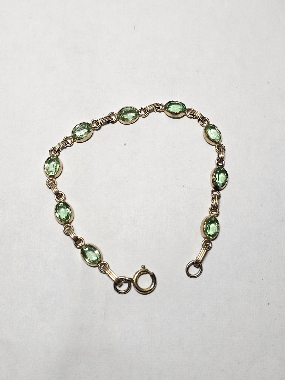 12k Gold Filled 1/20th Link Bracelet with Green Gemstones 8" Length